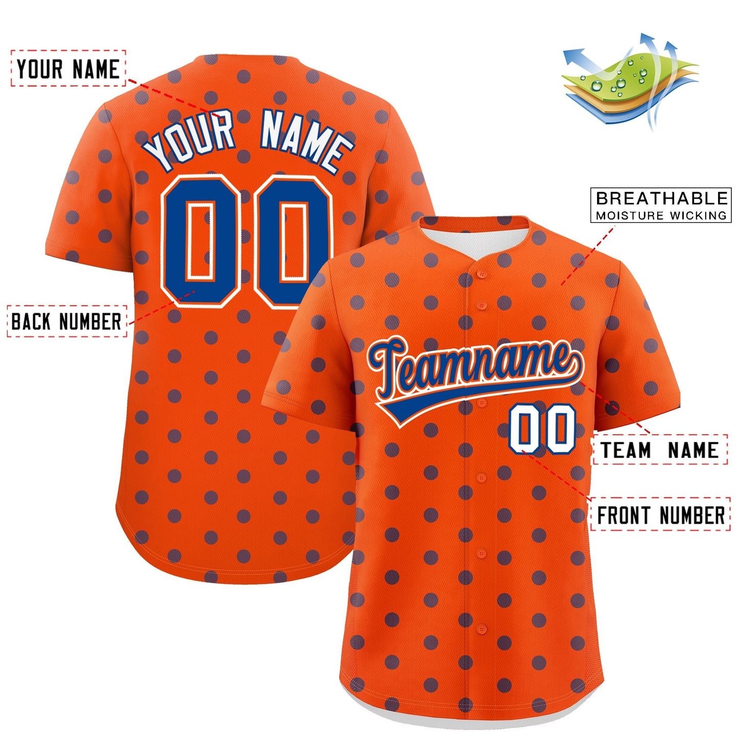 Custom Orange Royal Personalized Polka Dot Graffiti Pattern Authentic Baseball Jersey Limited