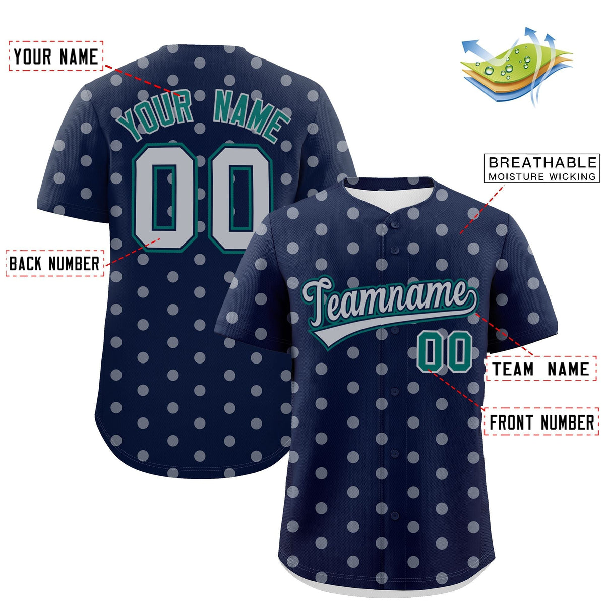 Custom Navy Gray Personalized Polka Dot Graffiti Pattern Authentic Baseball Jersey Limited