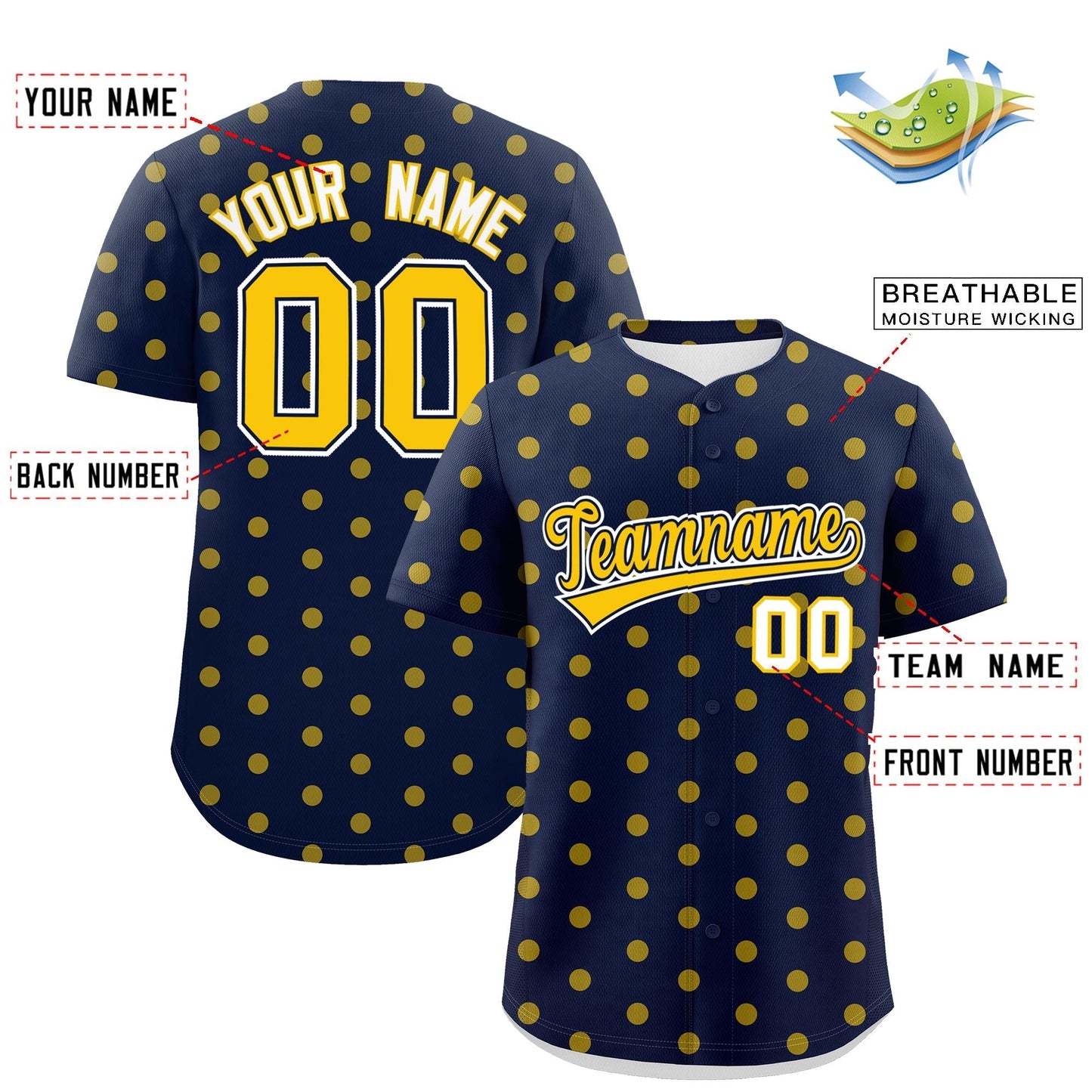 Custom Navy Gold Personalized Polka Dot Graffiti Pattern Authentic Baseball Jersey Limited