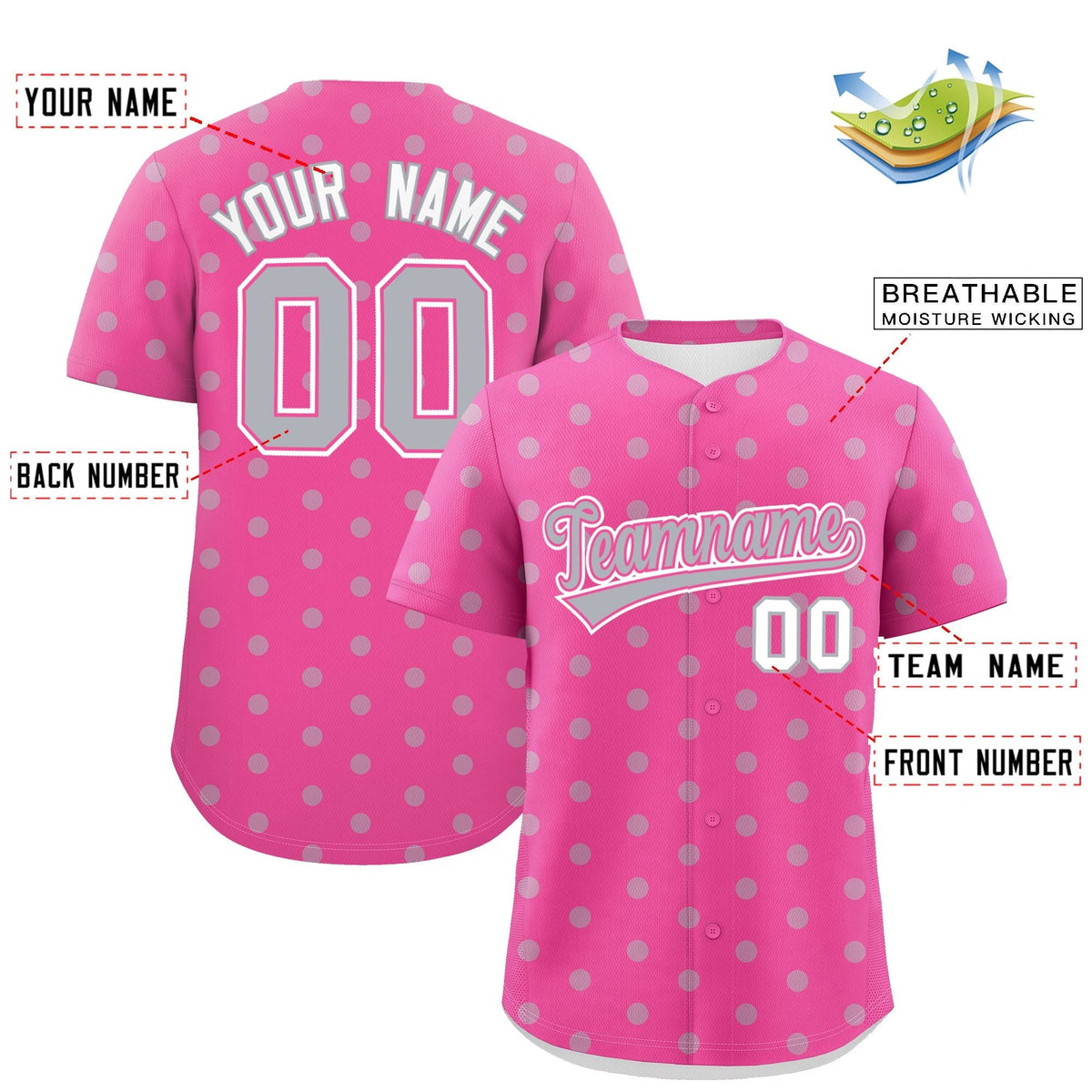 Custom Pink Gray Personalized Polka Dot Graffiti Pattern Authentic Baseball Jersey Limited
