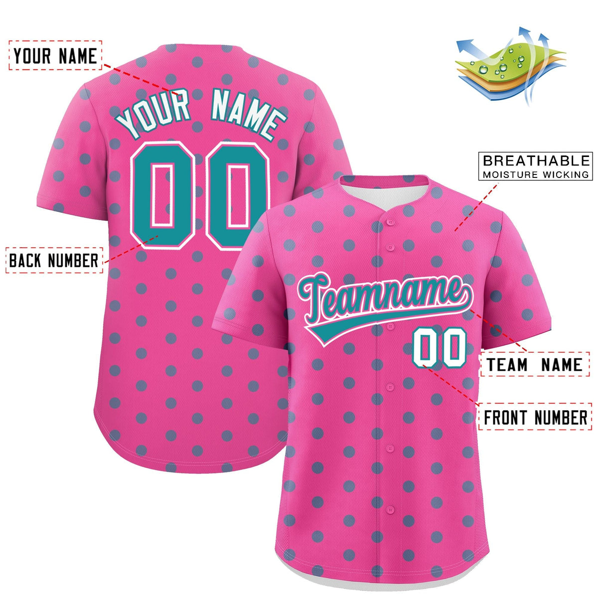 Custom Pink Aqua Personalized Polka Dot Graffiti Pattern Authentic Baseball Jersey Limited