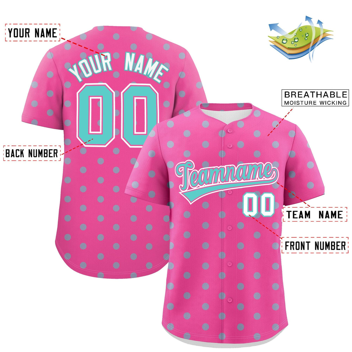 Custom Pink Bright Green Personalized Polka Dot Graffiti Pattern Authentic Baseball Jersey Limited
