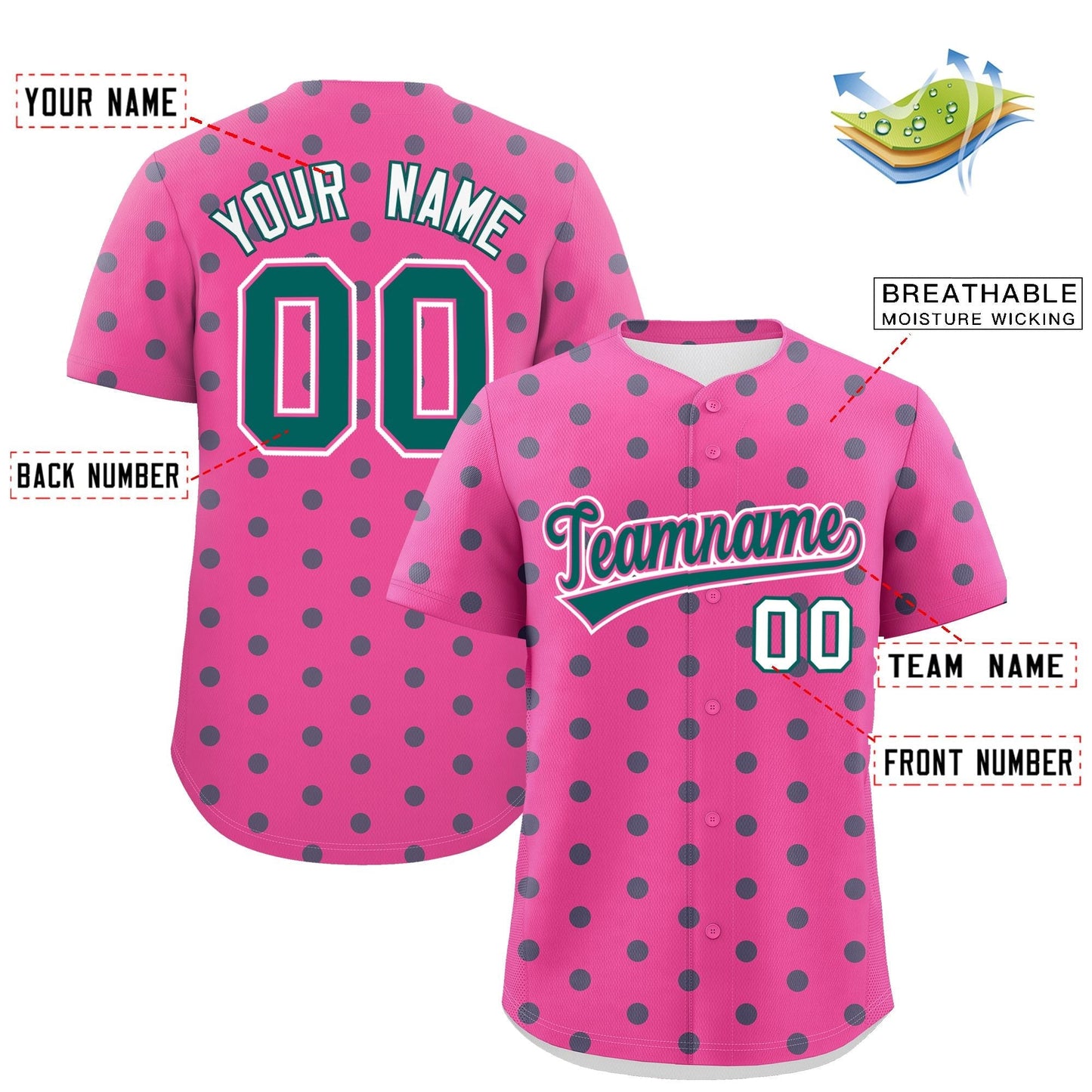 Custom Pink Aqua Personalized Polka Dot Graffiti Pattern Authentic Baseball Jersey Limited