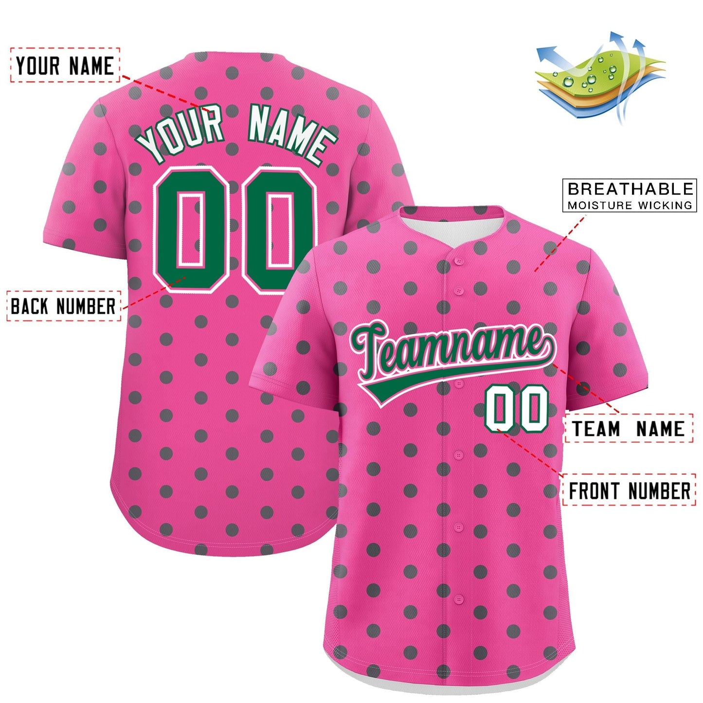Custom Pink Kelly Green Personalized Polka Dot Graffiti Pattern Authentic Baseball Jersey Limited