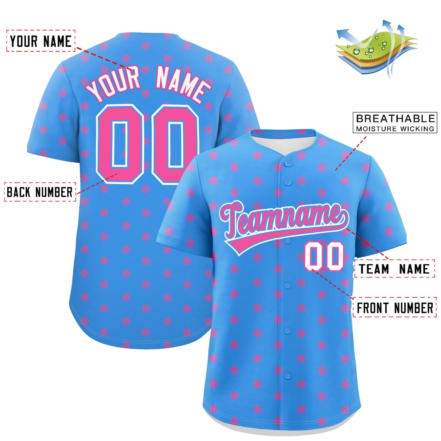 Custom Powder Blue Pink Personalized Polka Dot Graffiti Pattern Authentic Baseball Jersey Limited