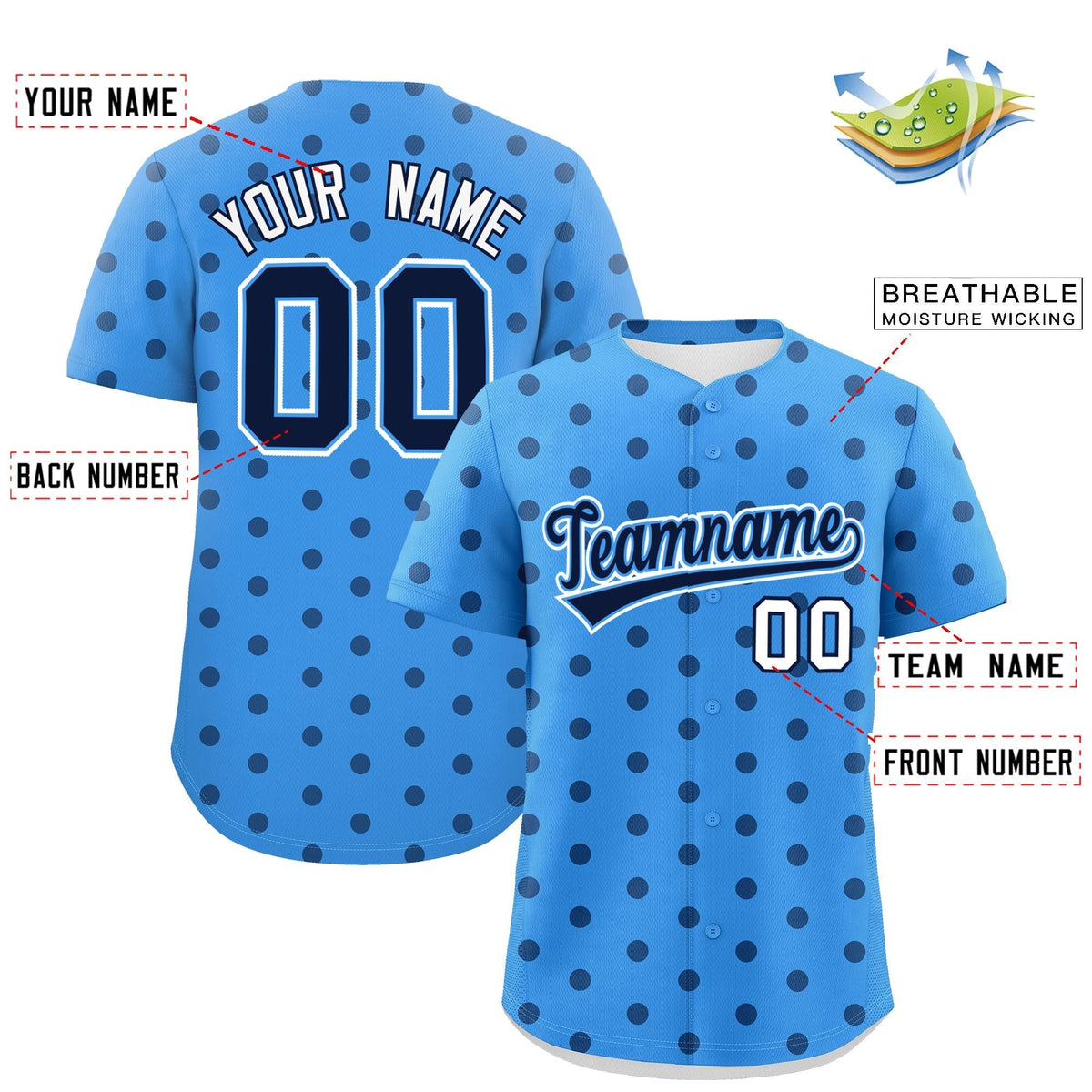 Custom Powder Blue Navy Personalized Polka Dot Graffiti Pattern Authentic Baseball Jersey Limited