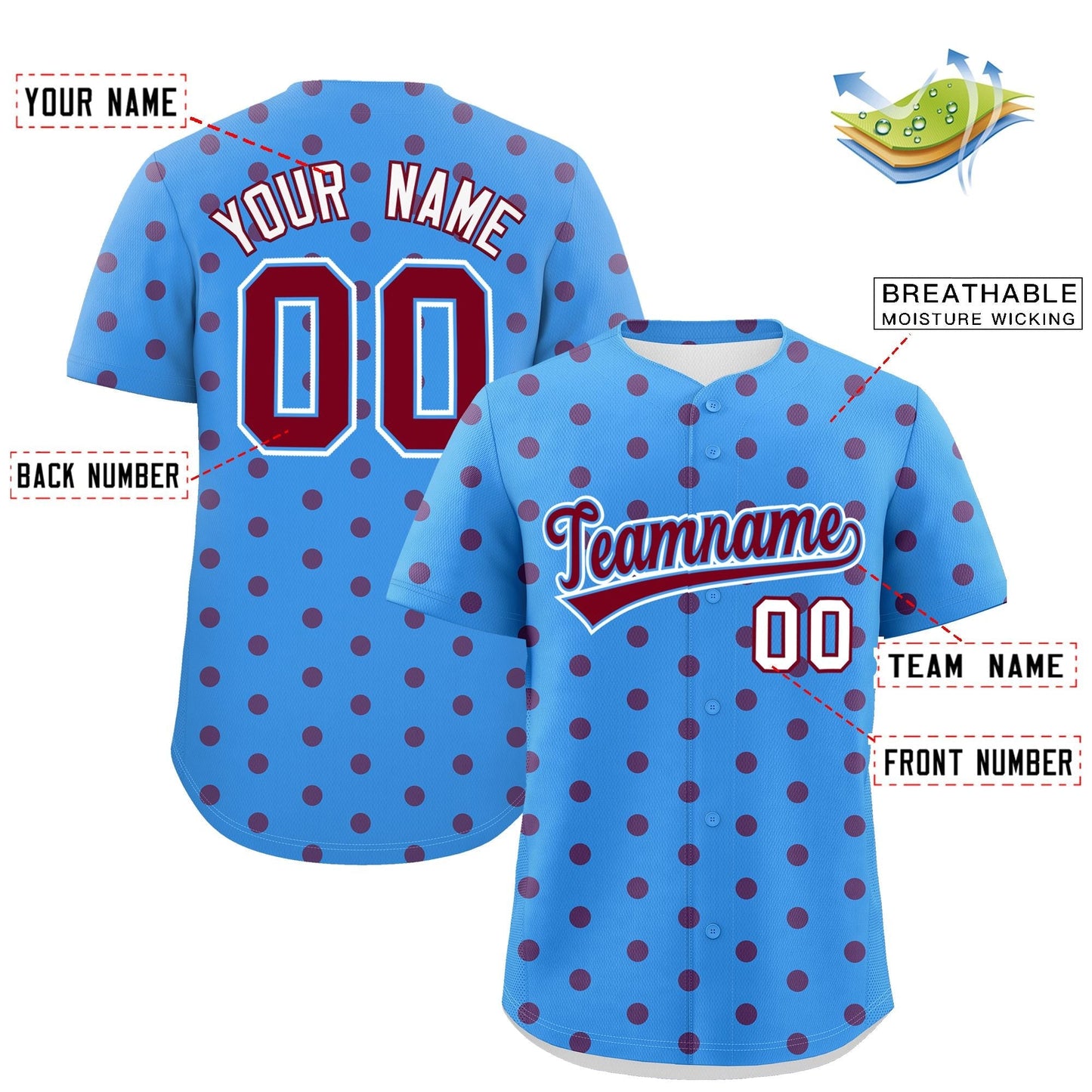 Custom Powder Blue Crimson Personalized Polka Dot Graffiti Pattern Authentic Baseball Jersey Limited