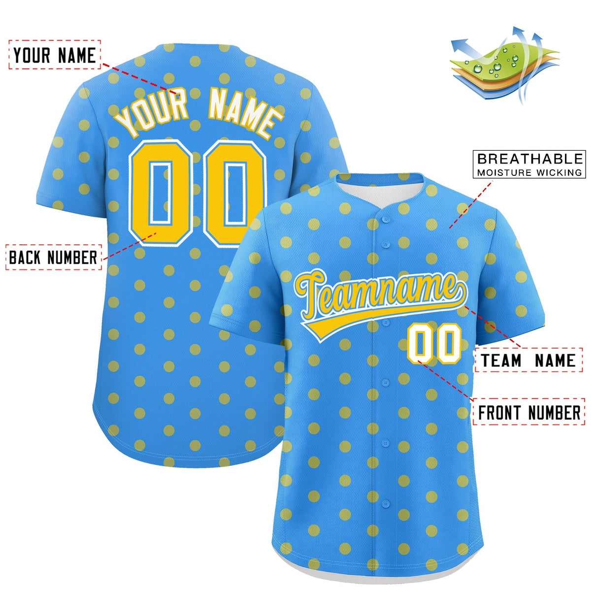 Custom Powder Blue Gold Personalized Polka Dot Graffiti Pattern Authentic Baseball Jersey Limited