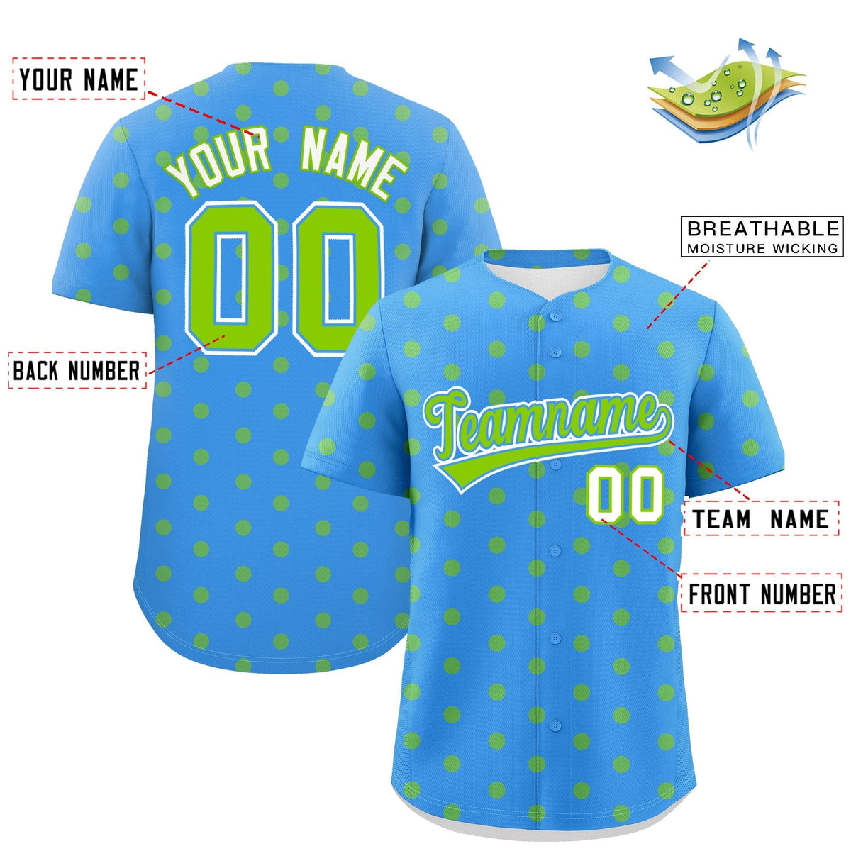 Custom Powder Blue Neon Green Personalized Polka Dot Graffiti Pattern Authentic Baseball Jersey Limited