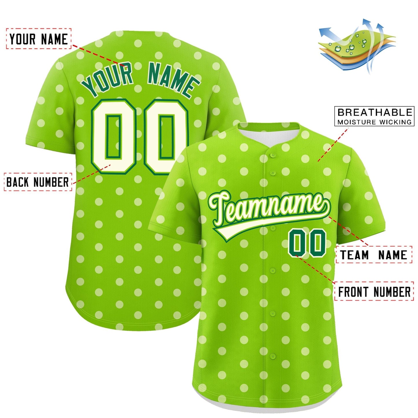 Custom Neon Green White Personalized Polka Dot Graffiti Pattern Authentic Baseball Jersey Limited