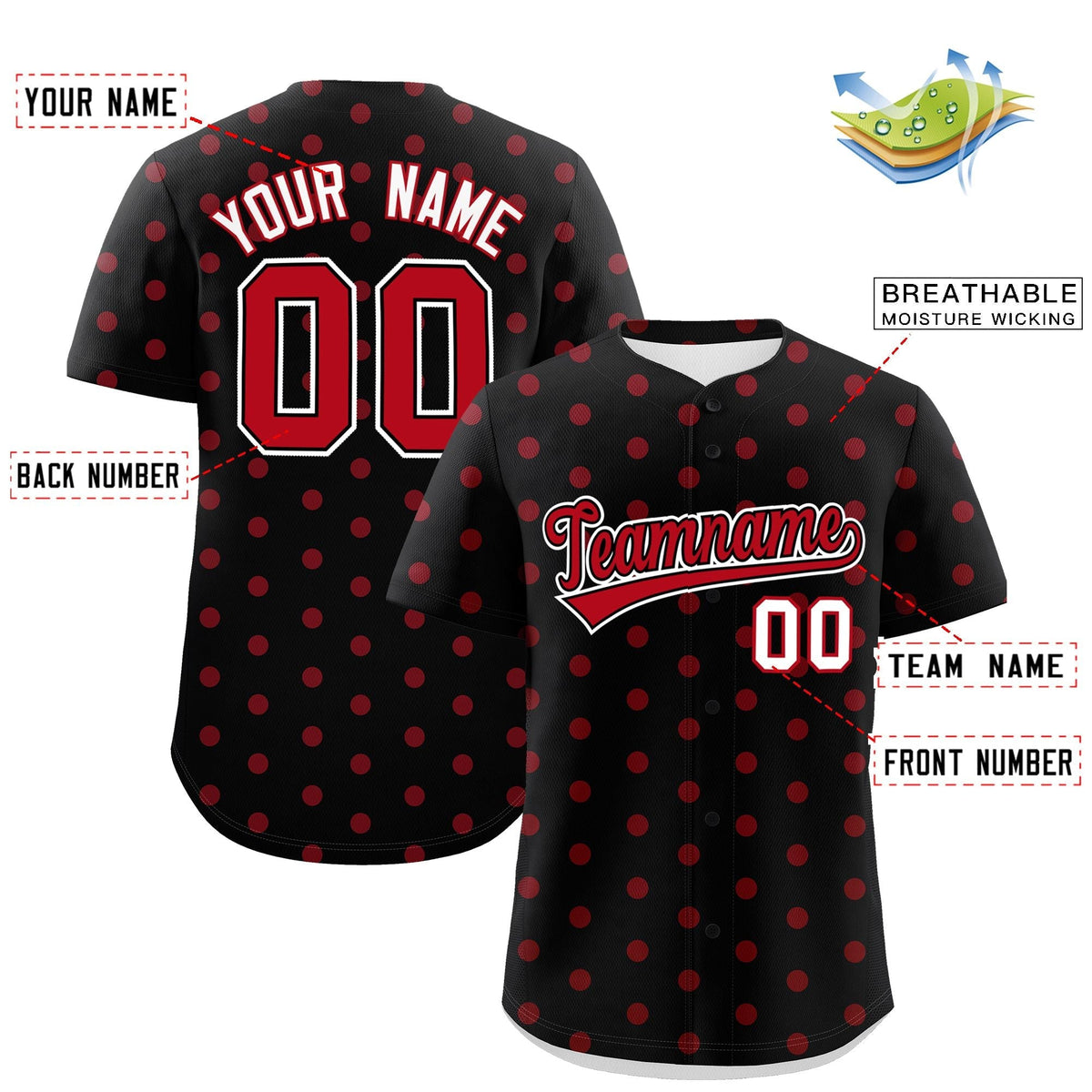 Custom Black Red Personalized Polka Dot Graffiti Pattern Authentic Baseball Jersey Limited