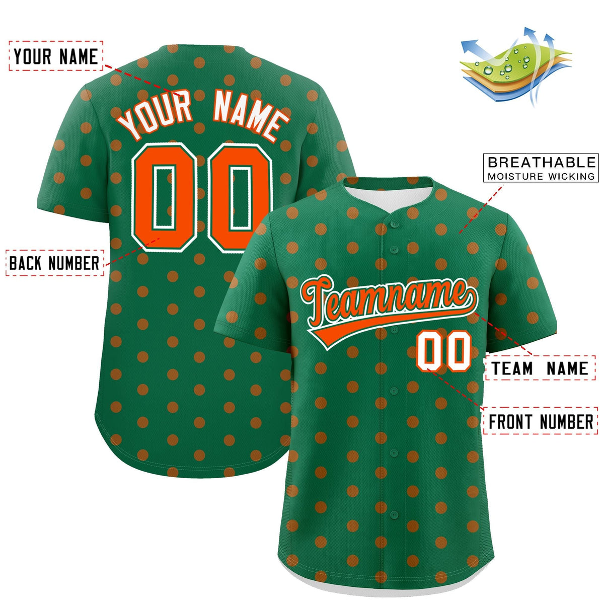 Custom Kelly Green Orange Personalized Polka Dot Graffiti Pattern Authentic Baseball Jersey Limited