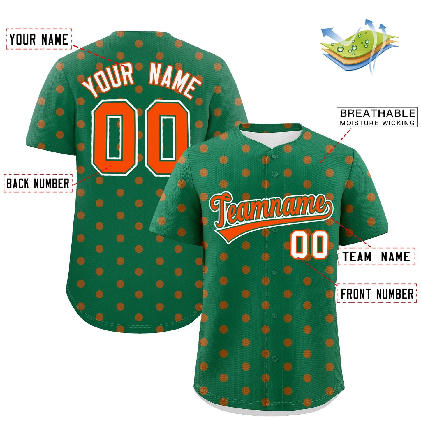 Custom Kelly Green Orange Personalized Polka Dot Graffiti Pattern Authentic Baseball Jersey Limited
