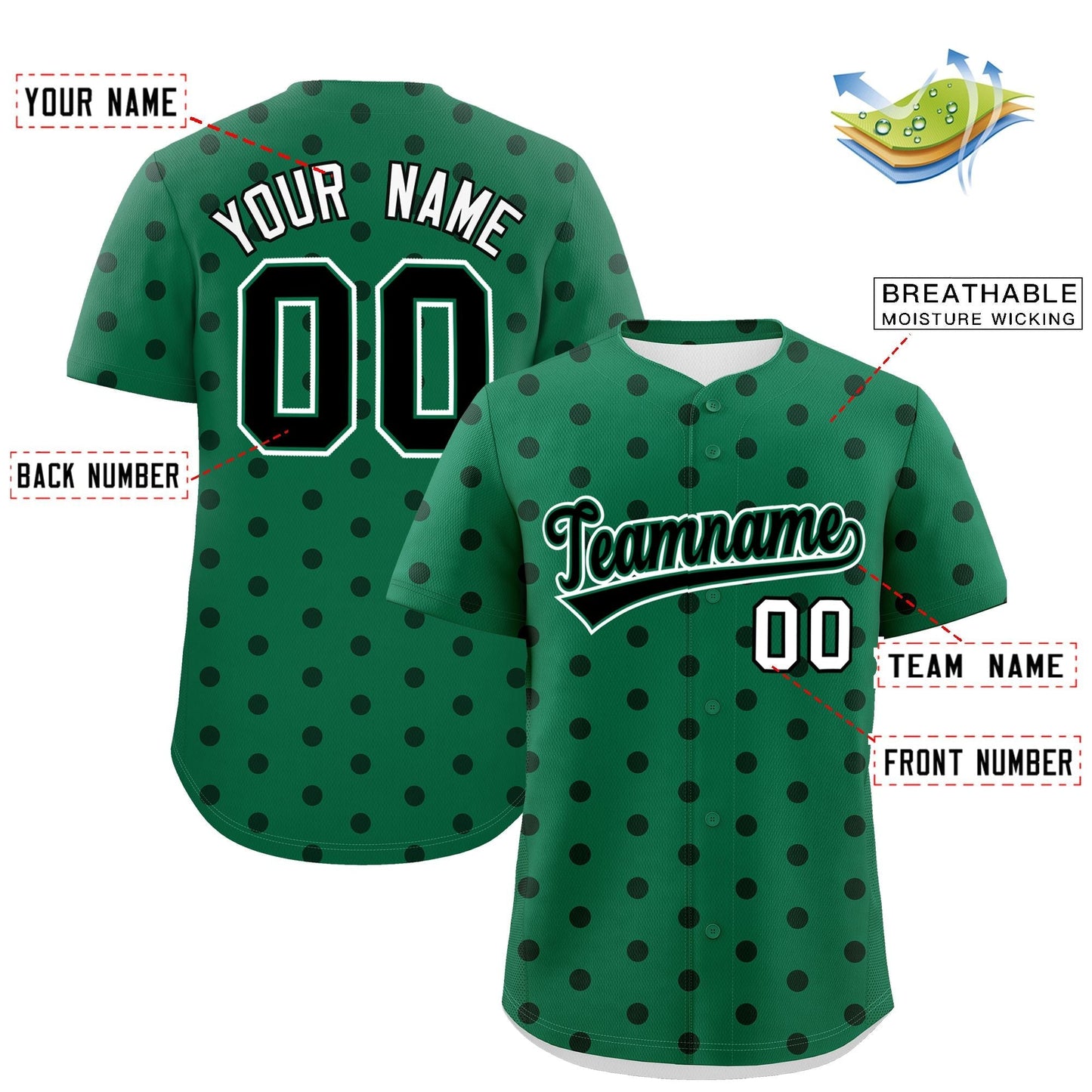 Custom Kelly Green Black Personalized Polka Dot Graffiti Pattern Authentic Baseball Jersey Limited