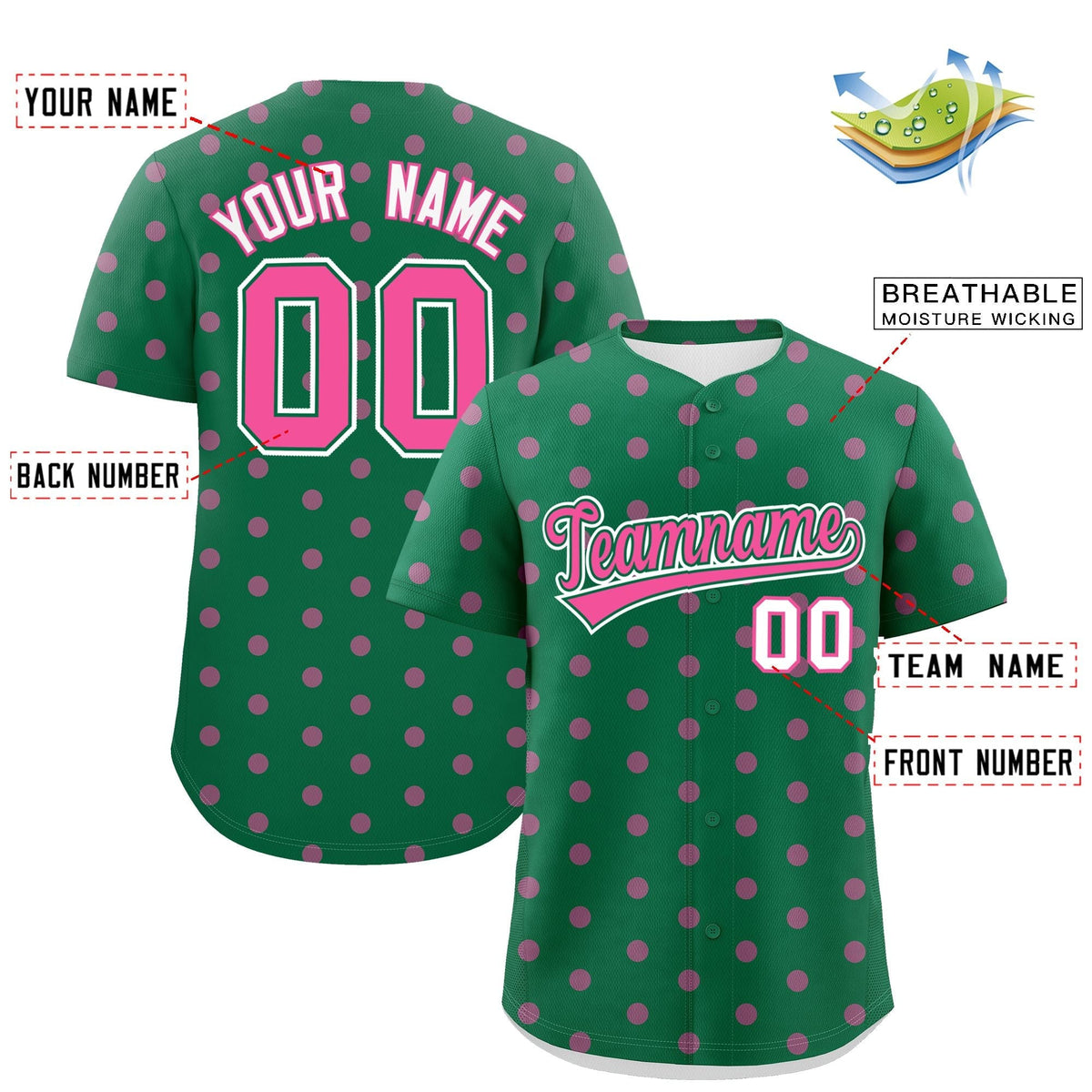 Custom Kelly Green Pink Personalized Polka Dot Graffiti Pattern Authentic Baseball Jersey Limited
