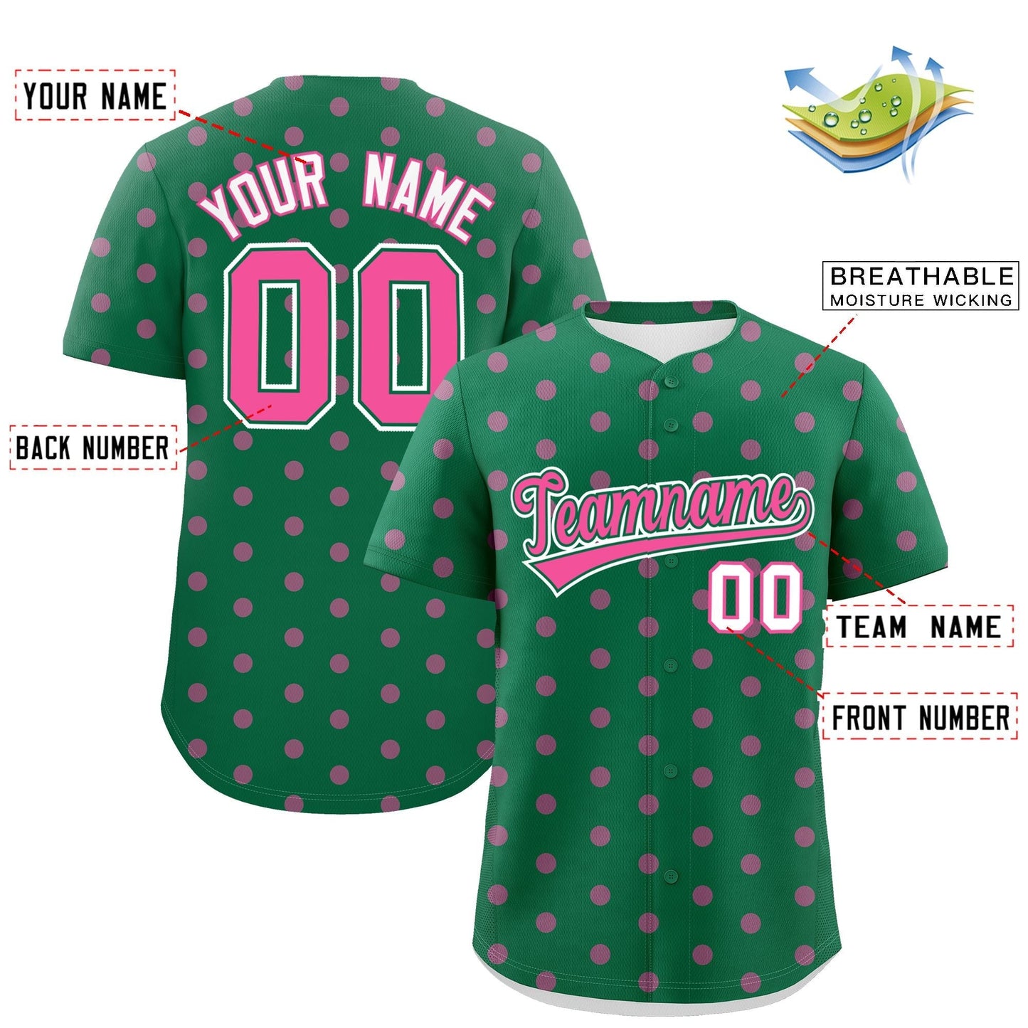 Custom Kelly Green Pink Personalized Polka Dot Graffiti Pattern Authentic Baseball Jersey Limited