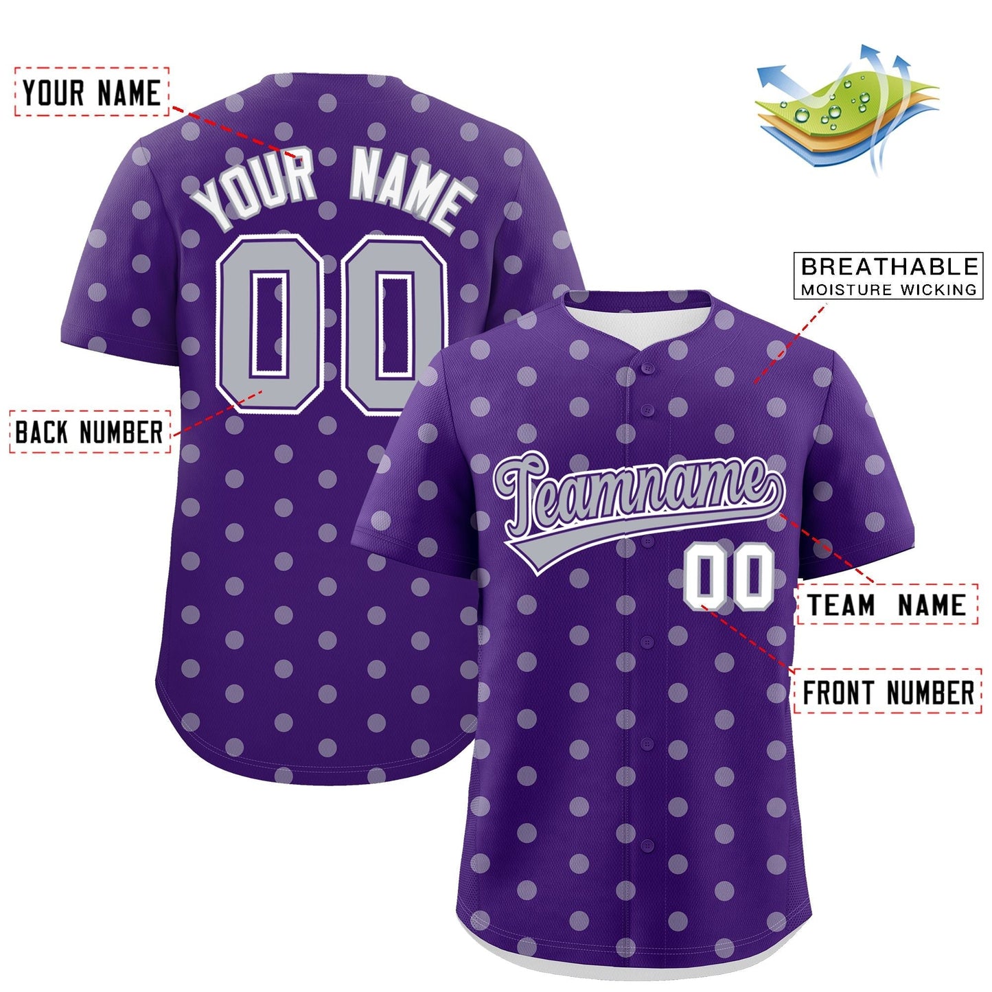 Custom Purple Gray Personalized Polka Dot Graffiti Pattern Authentic Baseball Jersey Limited