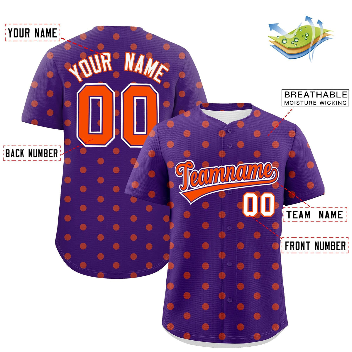 Custom Purple Orange Personalized Polka Dot Graffiti Pattern Authentic Baseball Jersey Limited