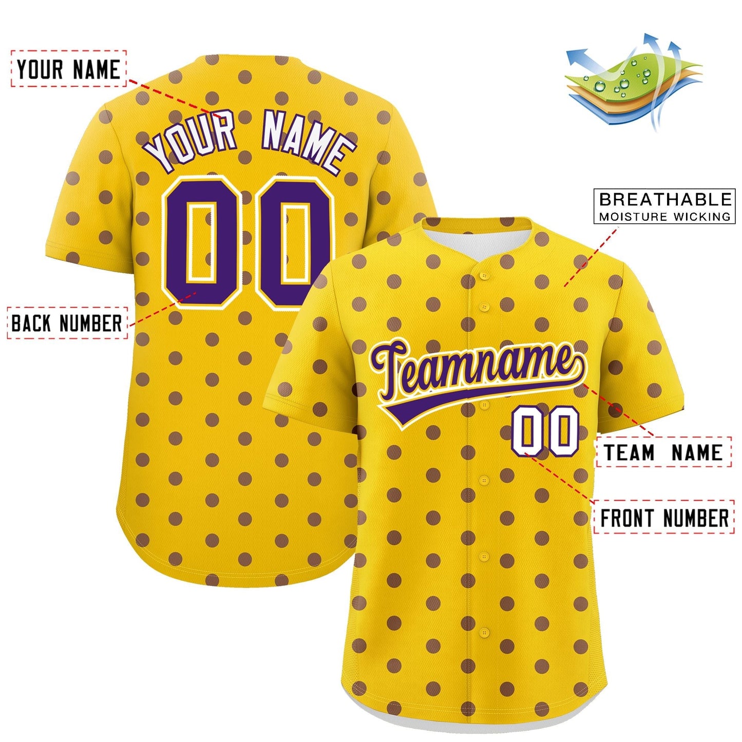 Custom Gold Purple Personalized Polka Dot Graffiti Pattern Authentic Baseball Jersey Limited