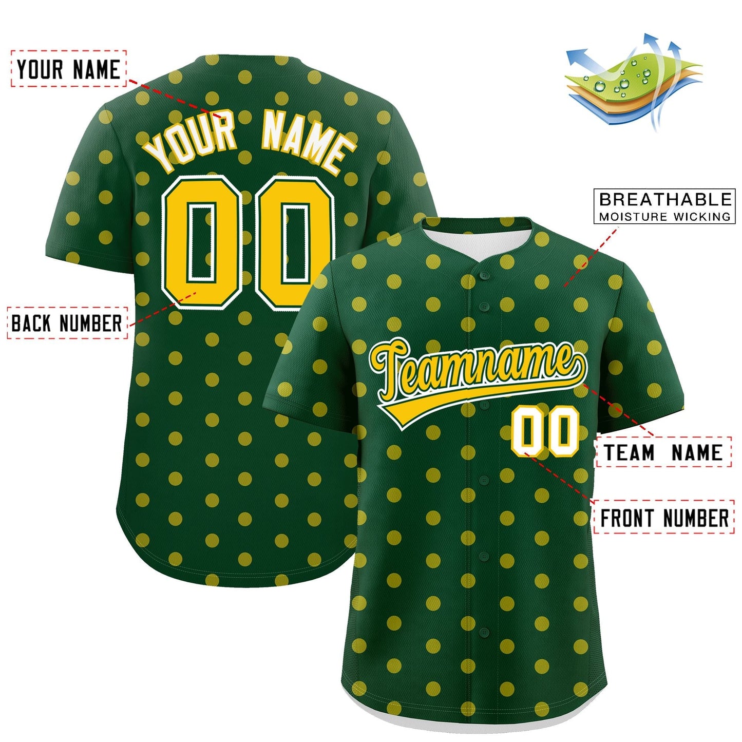 Custom Green Gold Personalized Polka Dot Graffiti Pattern Authentic Baseball Jersey Limited