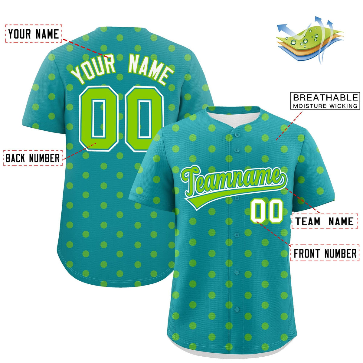 Custom Aqua Neon Green Personalized Polka Dot Graffiti Pattern Authentic Baseball Jersey Limited