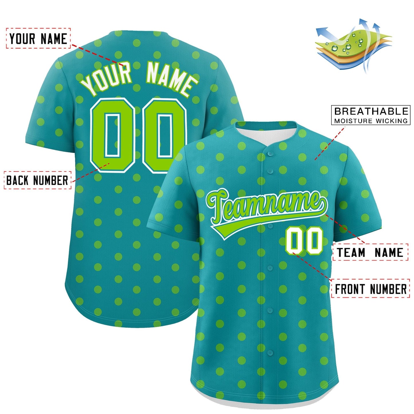 Custom Aqua Neon Green Personalized Polka Dot Graffiti Pattern Authentic Baseball Jersey Limited