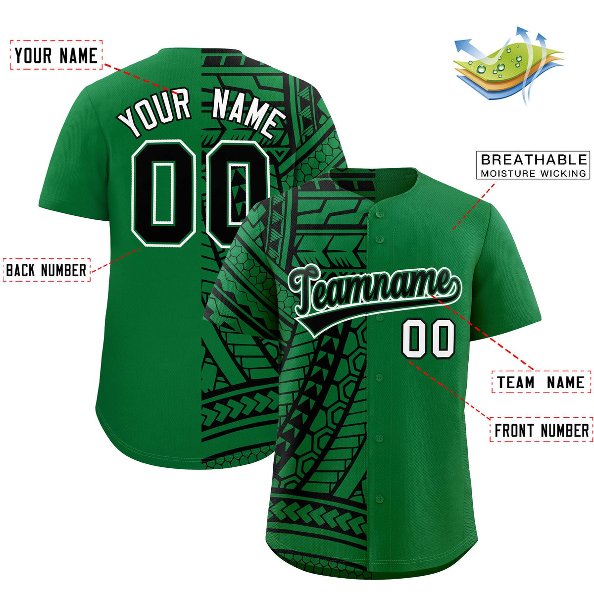 Custom Kelly Green Black Split Fashion Tribal Pattern Authentic Baseball Jersey Limited