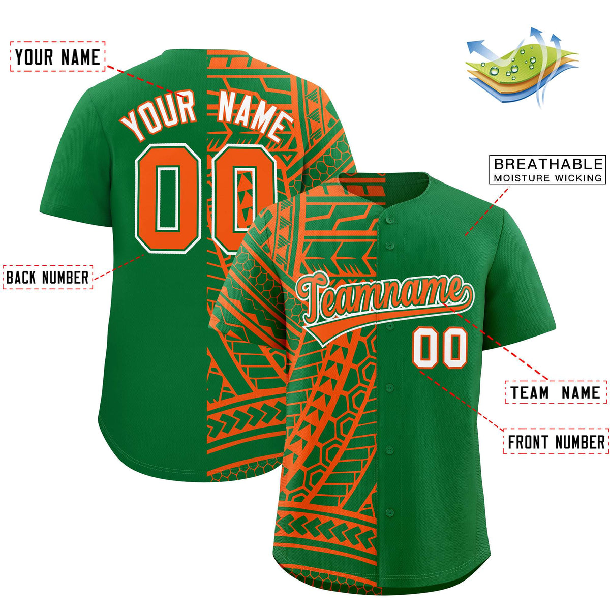 Custom Kelly Green Orange Split Fashion Tribal Pattern Authentic Baseball Jersey Limited