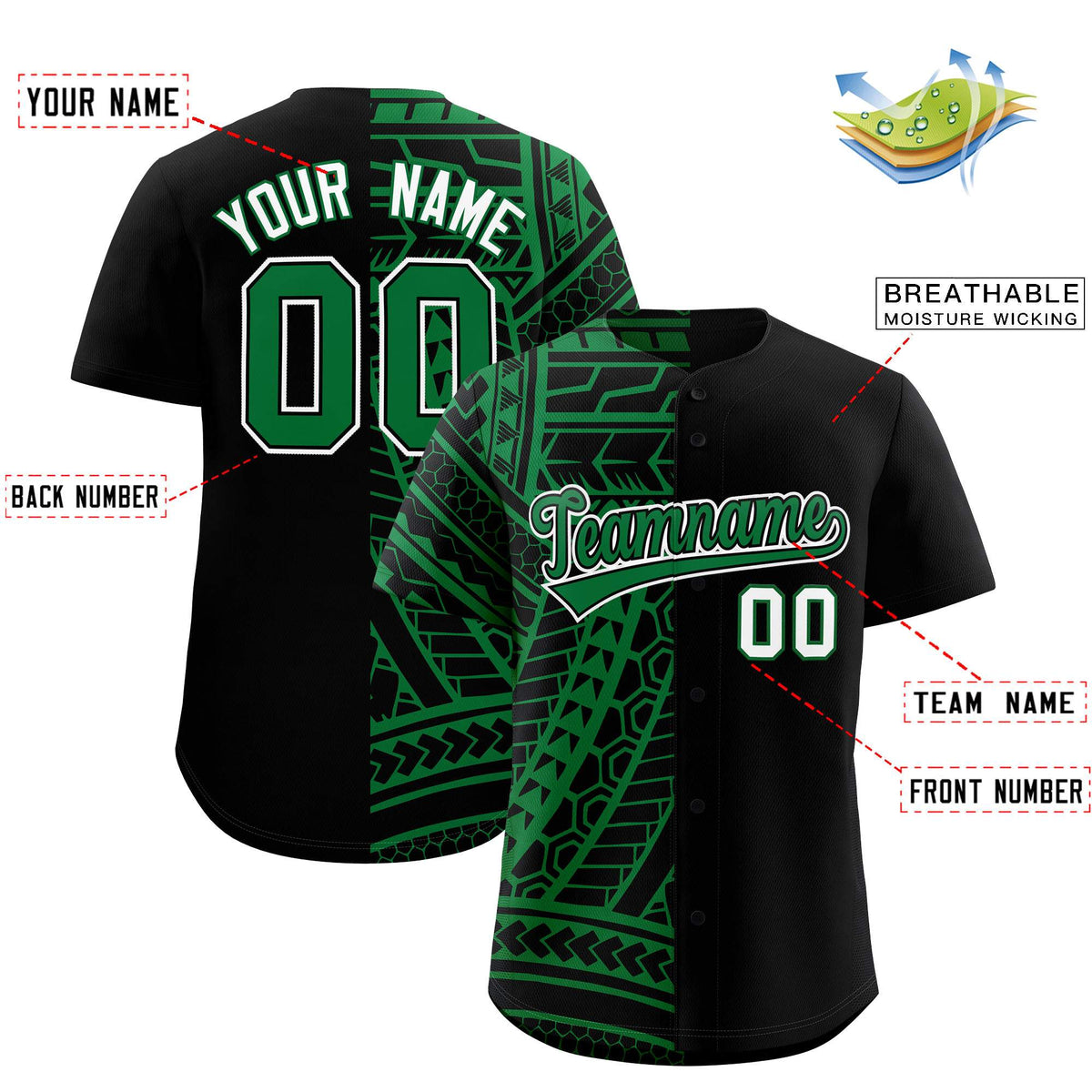Custom Black Kelly Green Split Fashion Tribal Pattern Authentic Baseball Jersey Limited