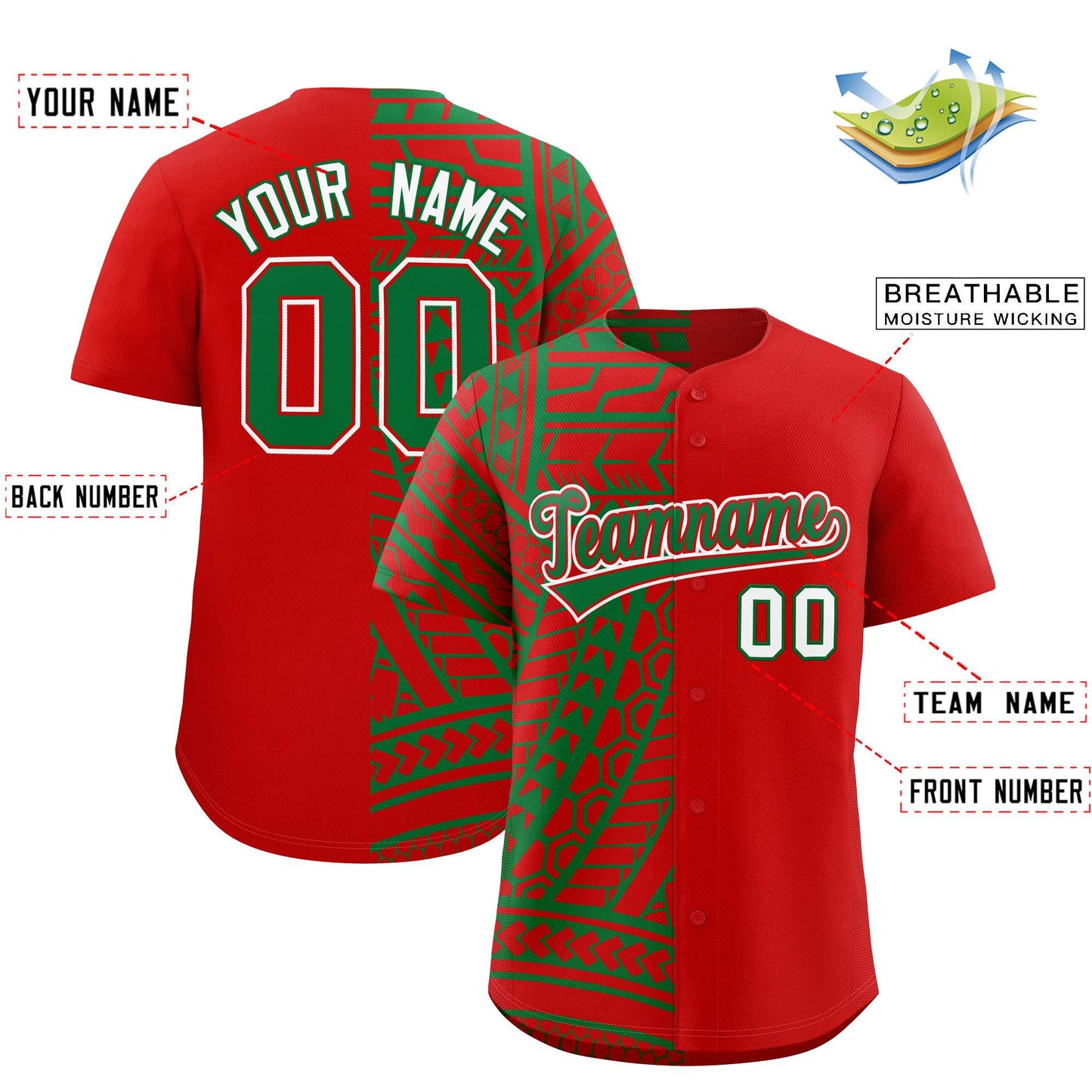 Custom Red Kelly Green Split Fashion Tribal Pattern Authentic Baseball Jersey Limited