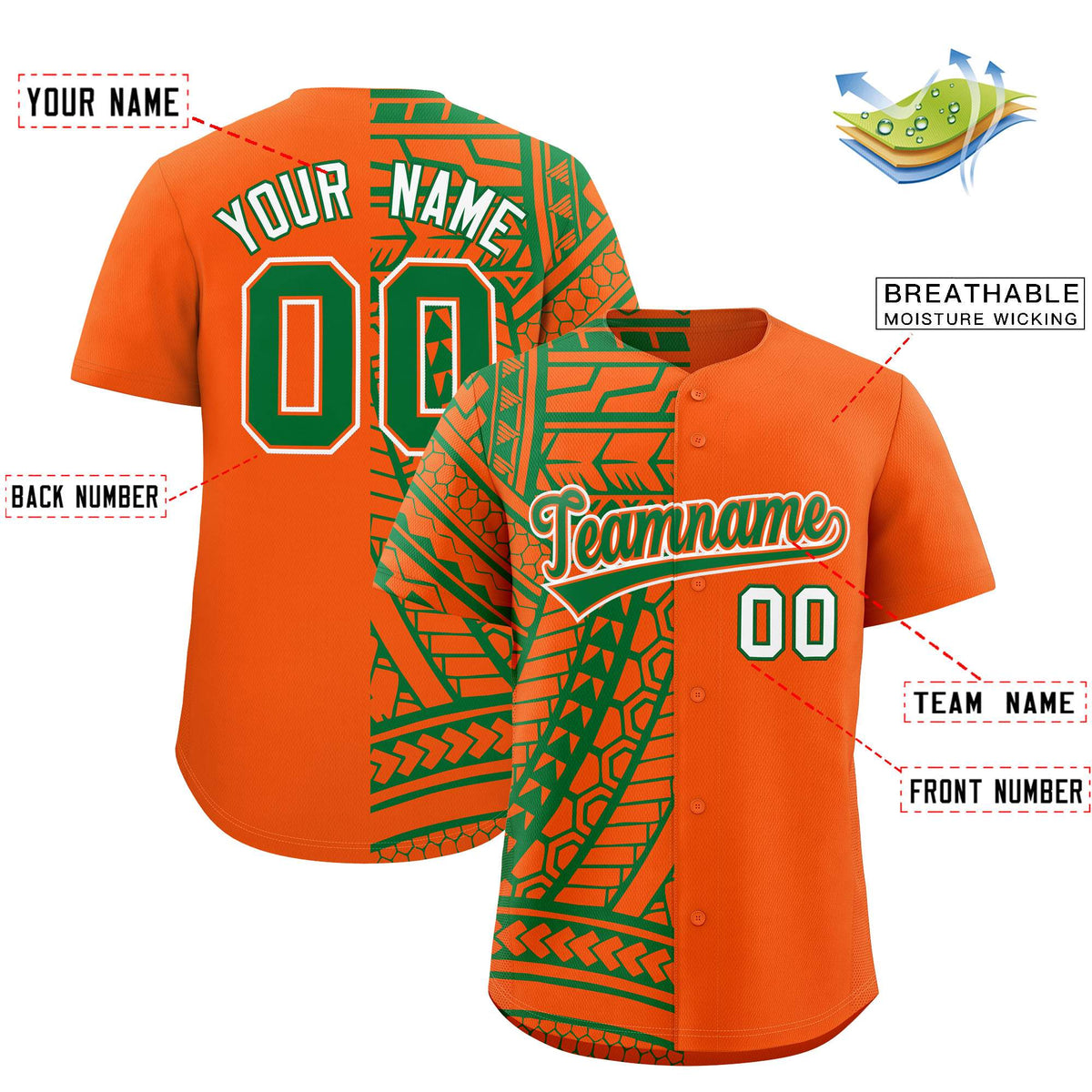 Custom Orange Kelly Green Split Fashion Tribal Pattern Authentic Baseball Jersey Limited