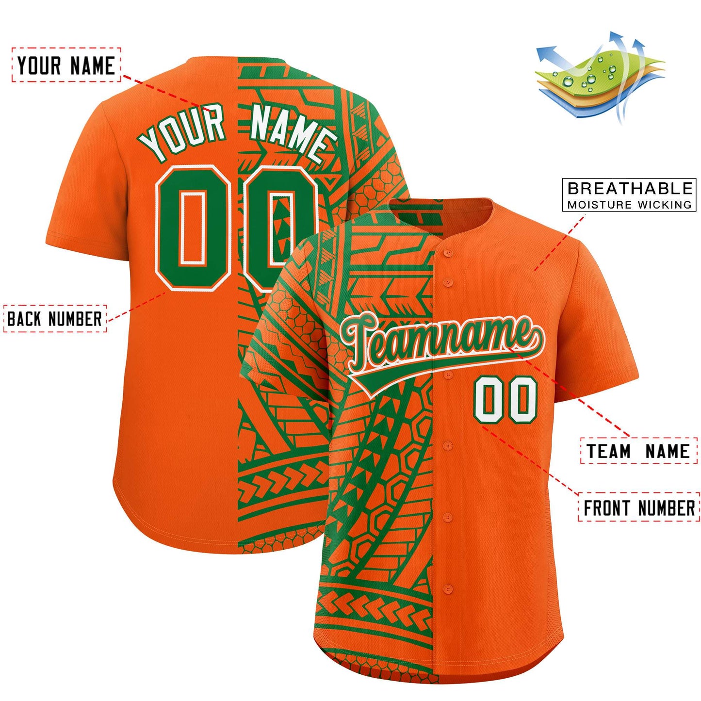 Custom Orange Kelly Green Split Fashion Tribal Pattern Authentic Baseball Jersey Limited