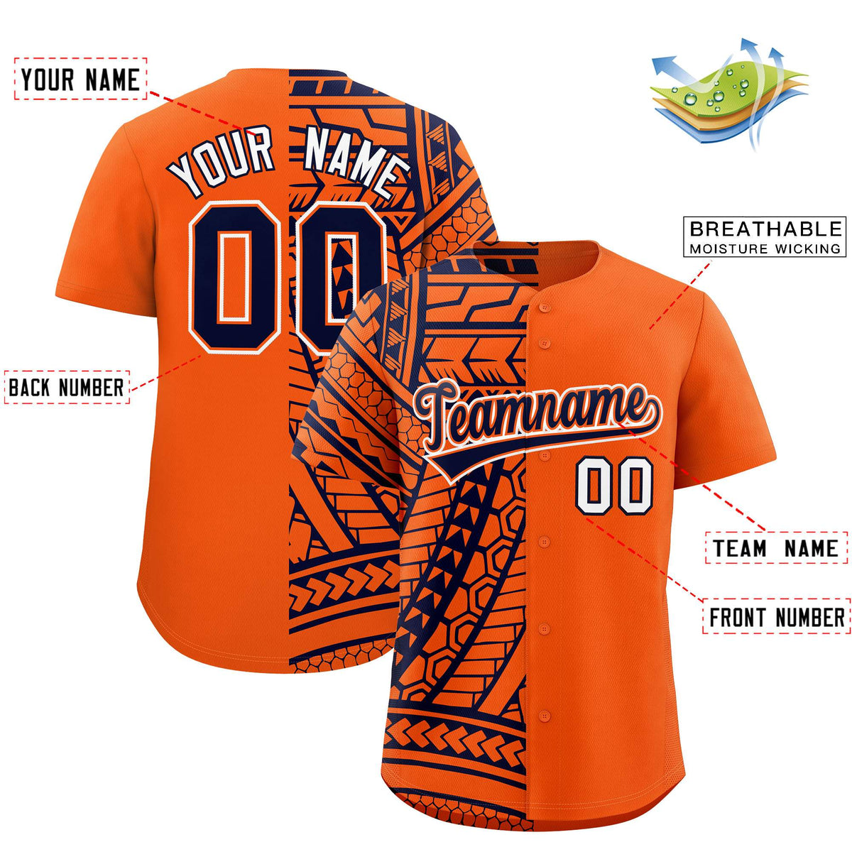 Custom Orange Navy Split Fashion Tribal Pattern Authentic Baseball Jersey Limited