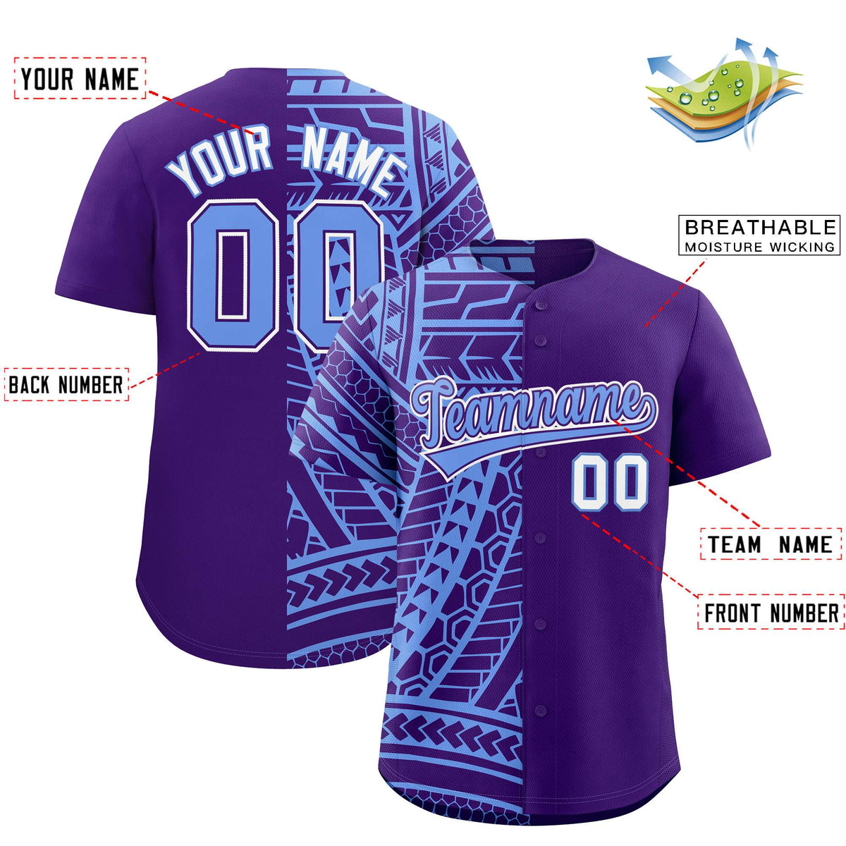 Custom Light Blue Purple Split Fashion Tribal Pattern Authentic Baseball Jersey Limited