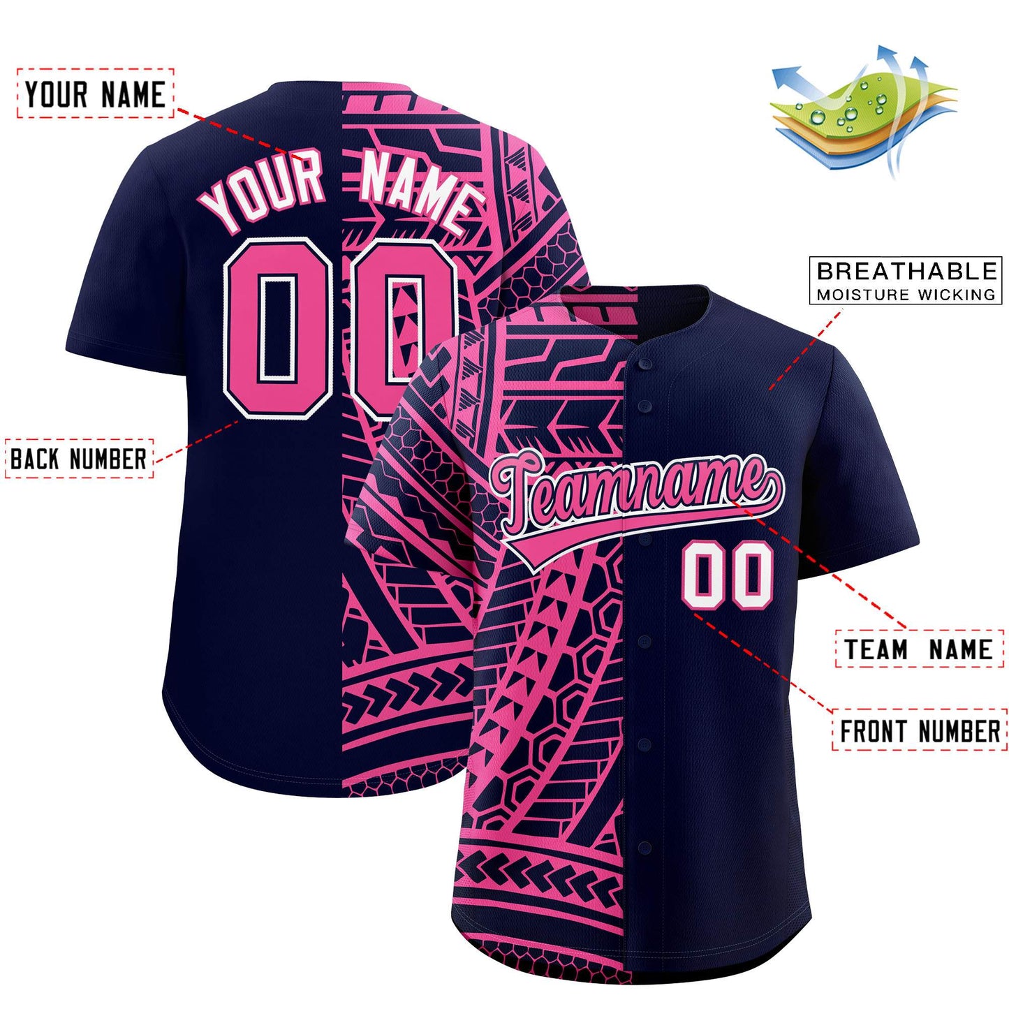 Custom Navy Pink Split Fashion Tribal Pattern Authentic Baseball Jersey Limited