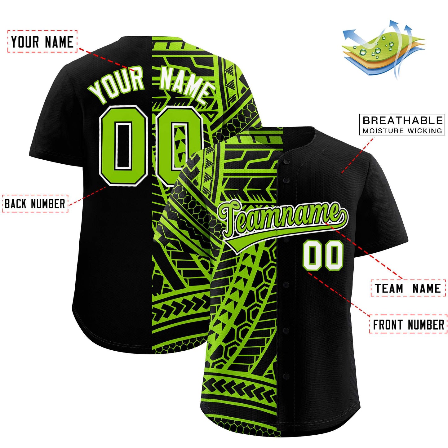 Custom Black Neon Green Split Fashion Tribal Pattern Authentic Baseball Jersey Limited