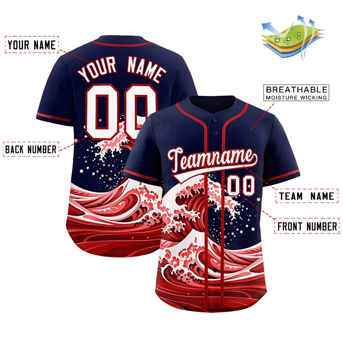 Custom Navy Wave Graffiti Pattern Authentic Baseball Jersey Limited