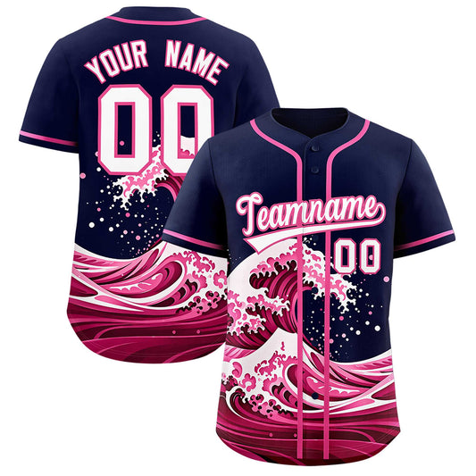 Custom Navy Wave Graffiti Pattern Authentic Baseball Jersey