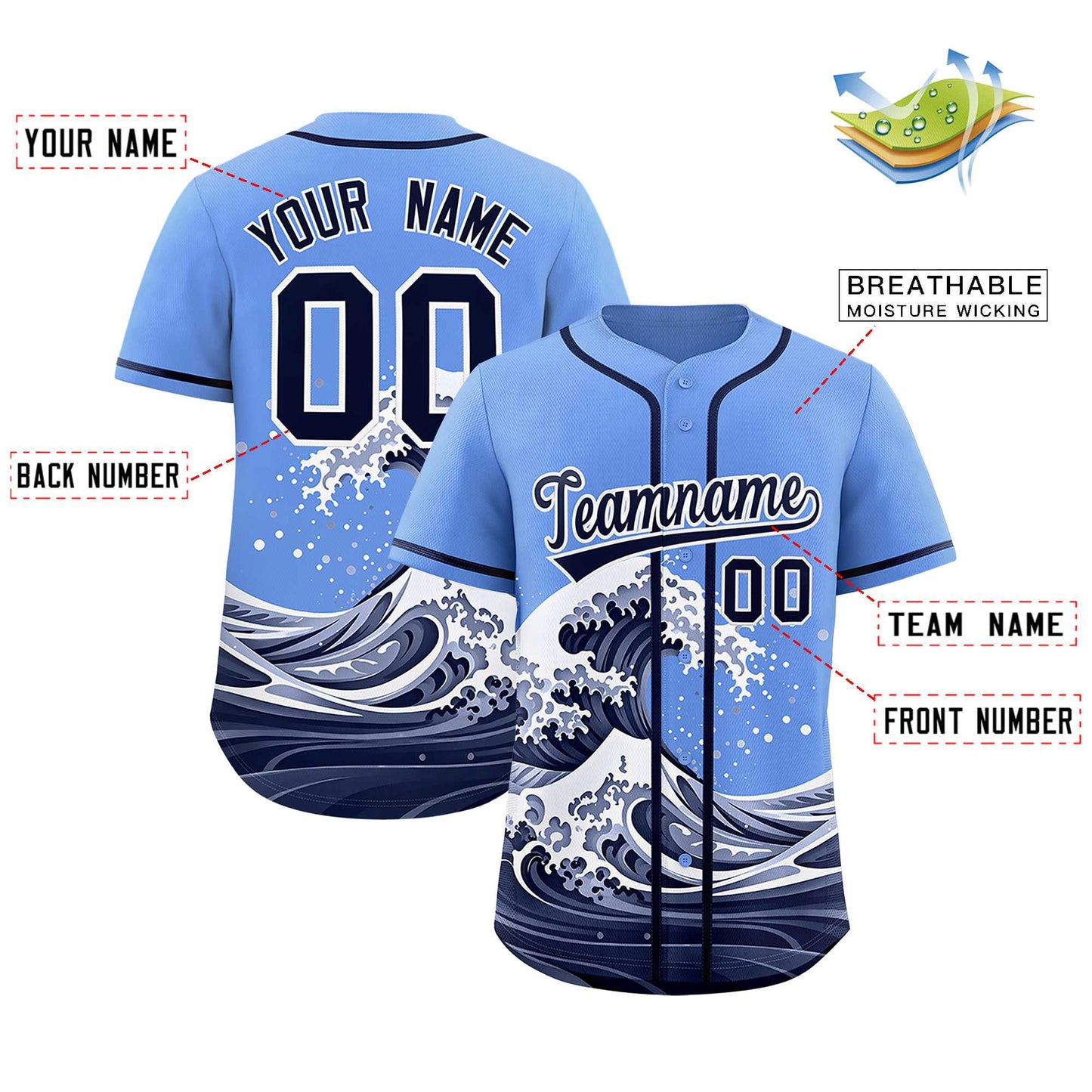 Custom Light Blue Wave Graffiti Pattern Authentic Baseball Jersey Limited