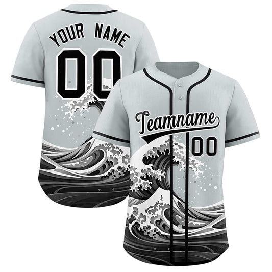 Custom Silver Wave Graffiti Pattern Authentic Baseball Jersey