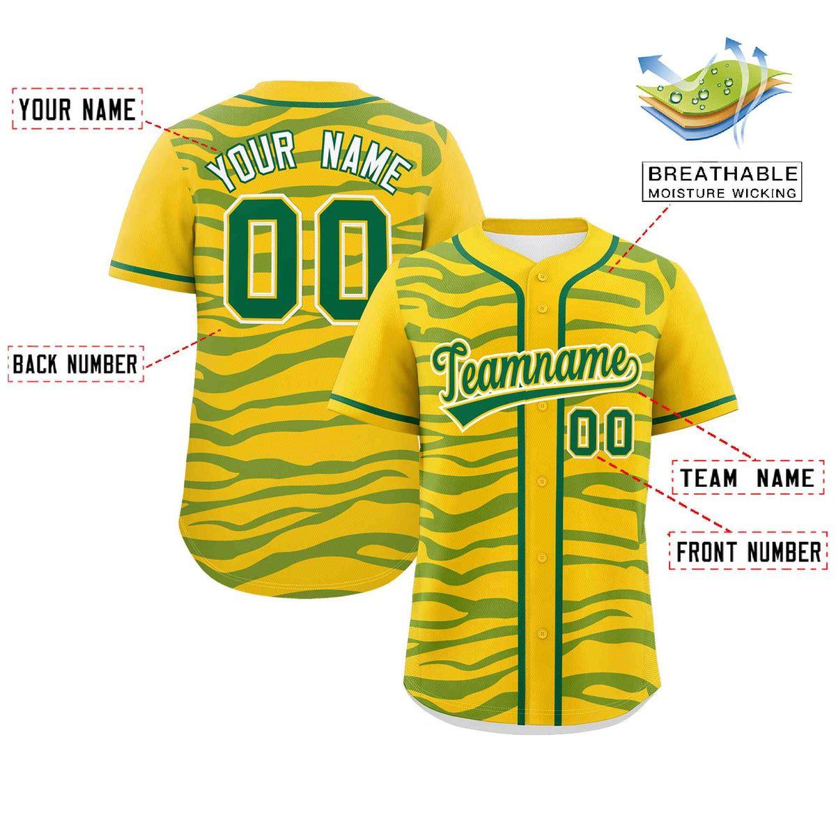 Custom Gold Kelly Green Zebra Stripes Graffiti Pattern Authentic Baseball Jersey Limited