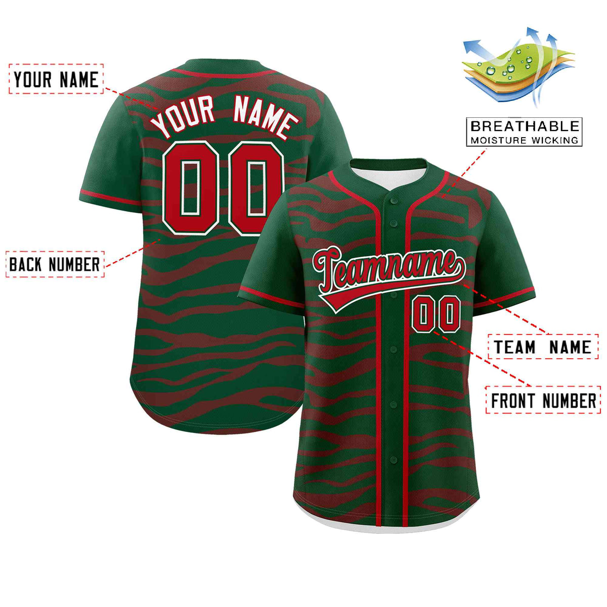 Custom Green Red Zebra Stripes Graffiti Pattern Authentic Baseball Jersey Limited