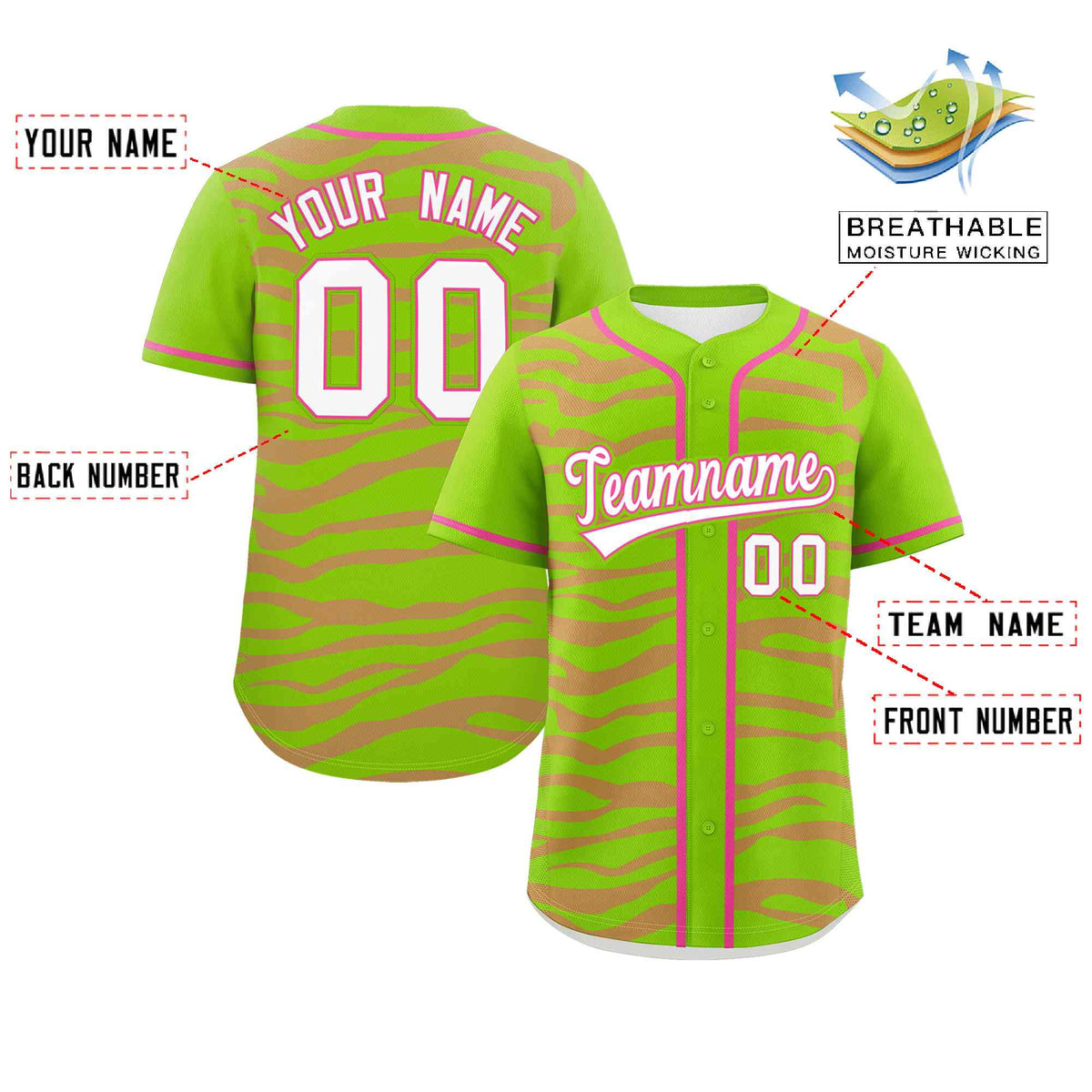 Custom Neon Green Pink Zebra Stripes Graffiti Pattern Authentic Baseball Jersey Limited