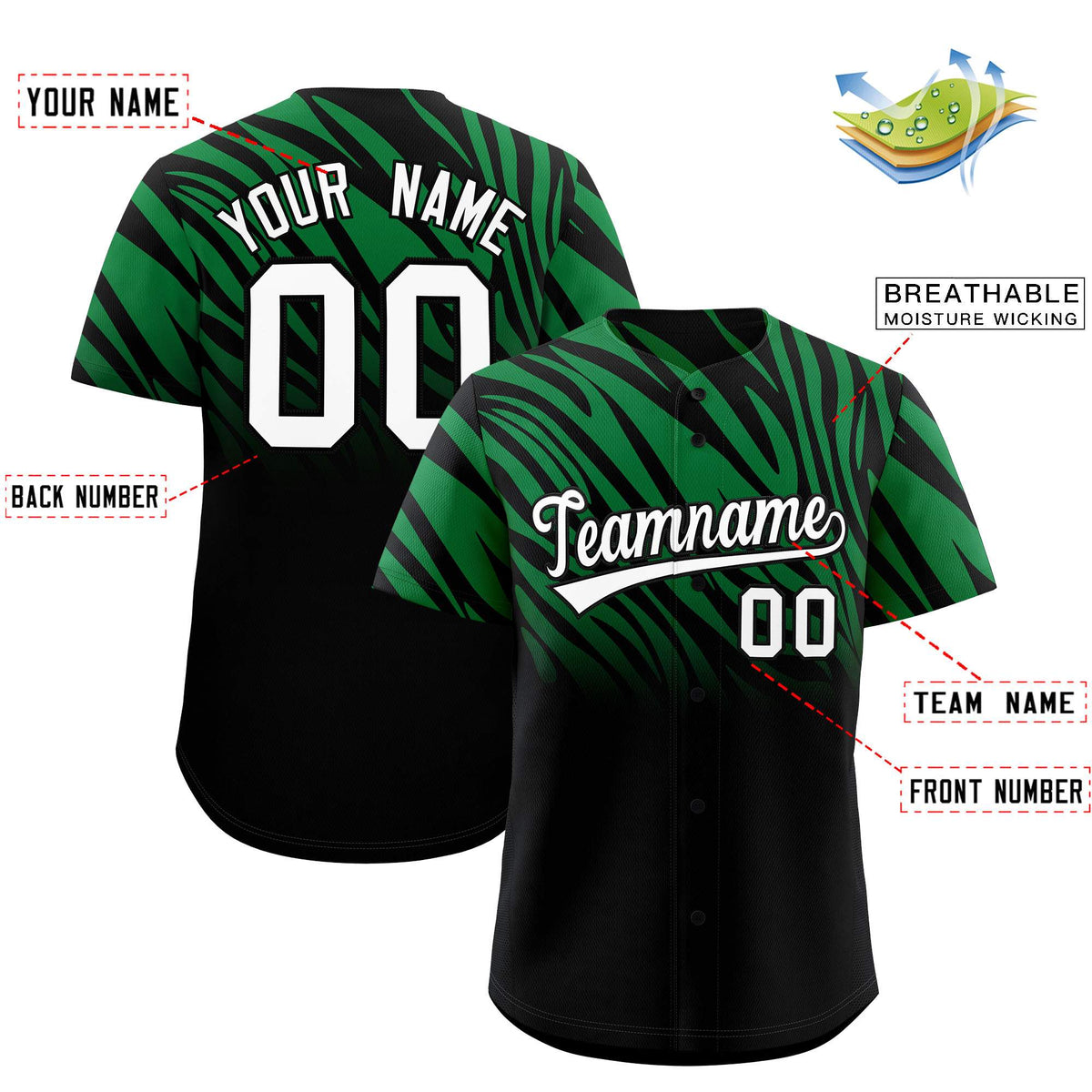 Custom Kelly Green Black Tiger Stripe Gradient Animal Print Personalized Team Shirt Baseball Jersey Limited