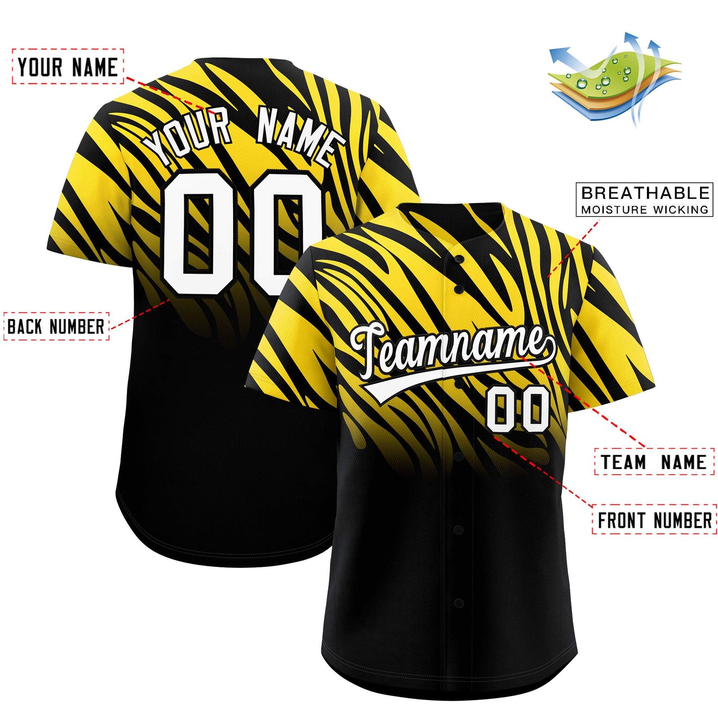Custom Gold Black Tiger Stripe Gradient Animal Print Personalized Team Shirt Baseball Jersey Limited