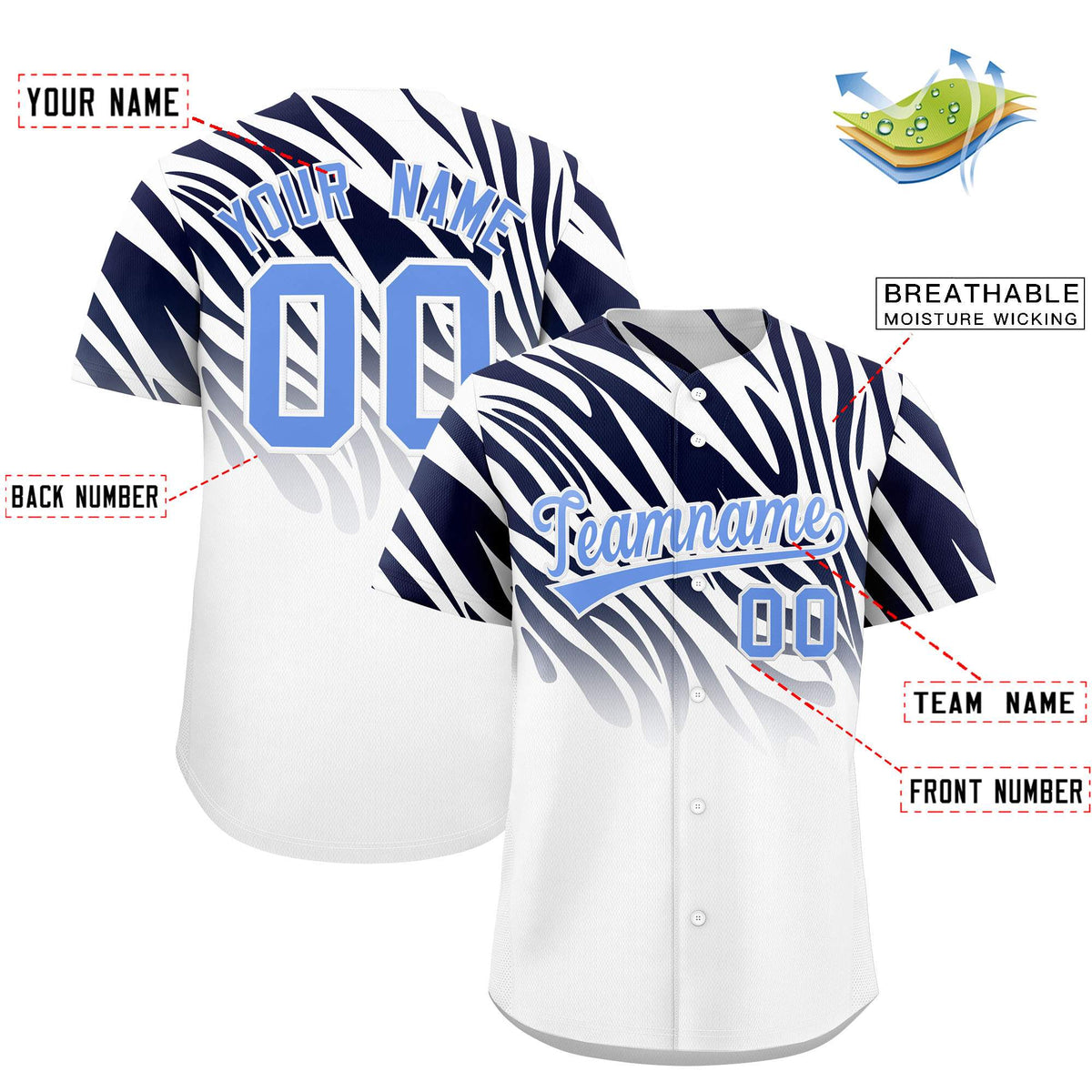 Custom Navy White Tiger Stripe Gradient Animal Print Personalized Team Shirt Baseball Jersey Limited