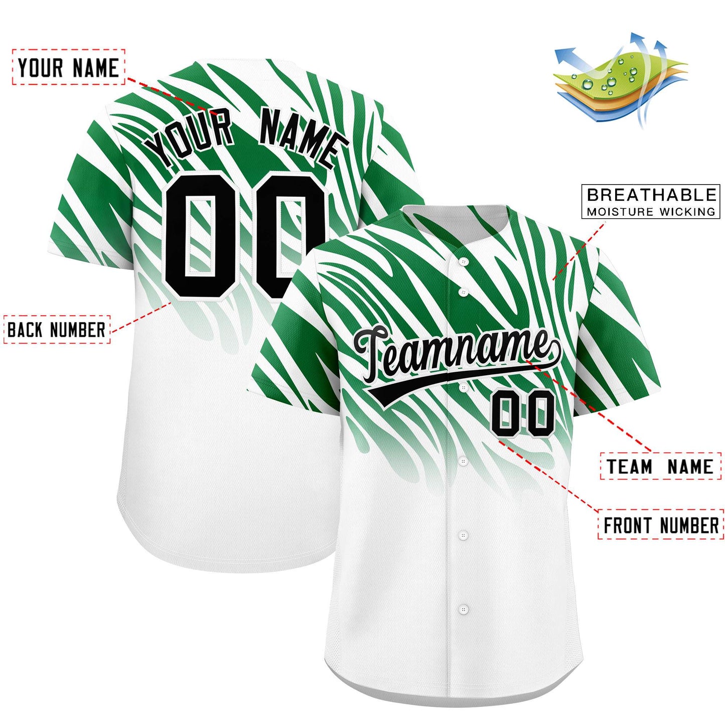 Custom Kelly Green White Tiger Stripe Gradient Animal Print Personalized Team Shirt Baseball Jersey Limited