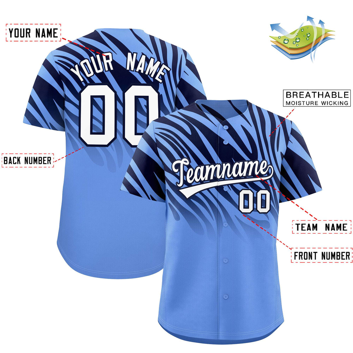 Custom Light Blue Navy Tiger Stripe Gradient Animal Print Personalized Team Shirt Baseball Jersey Limited