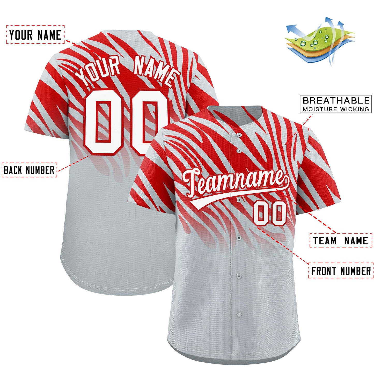 Custom Red Silver Tiger Stripe Gradient Animal Print Personalized Team Shirt Baseball Jersey Limited