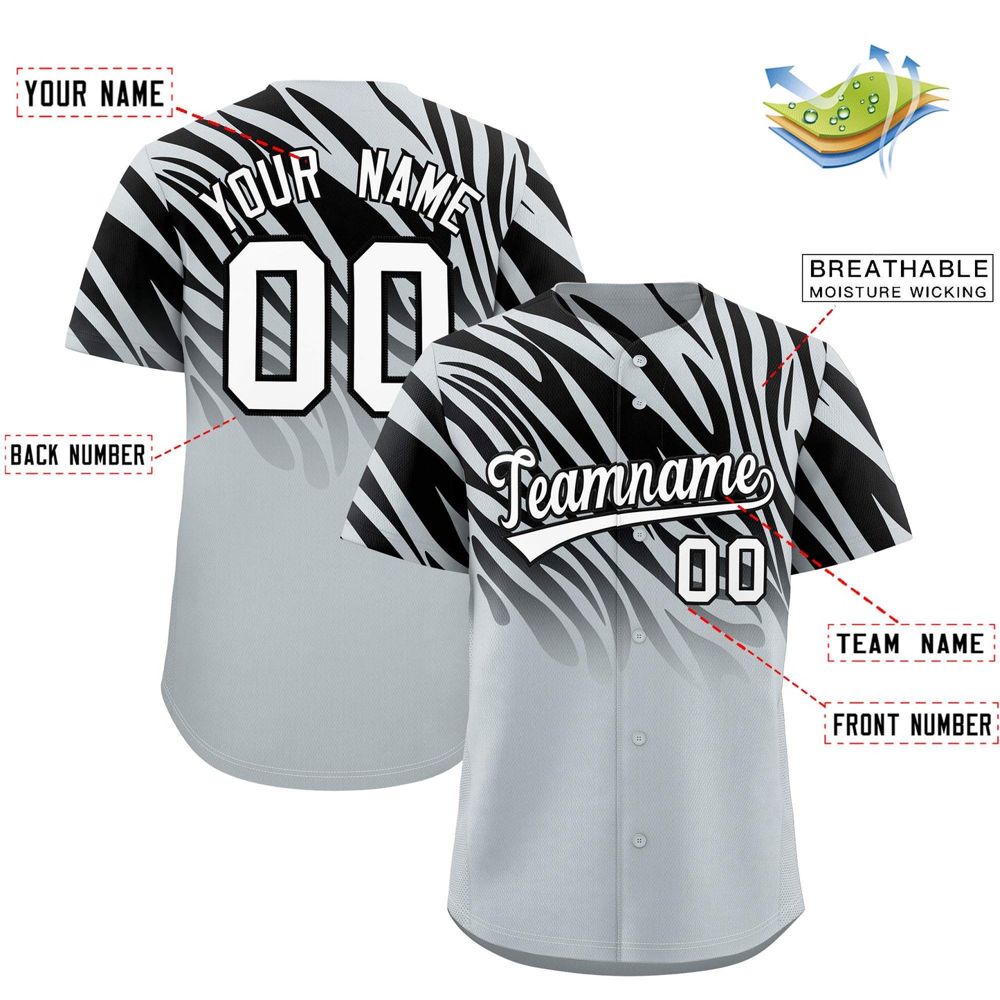 Custom Black Silver Tiger Stripe Gradient Animal Print Personalized Team Shirt Baseball Jersey Limited